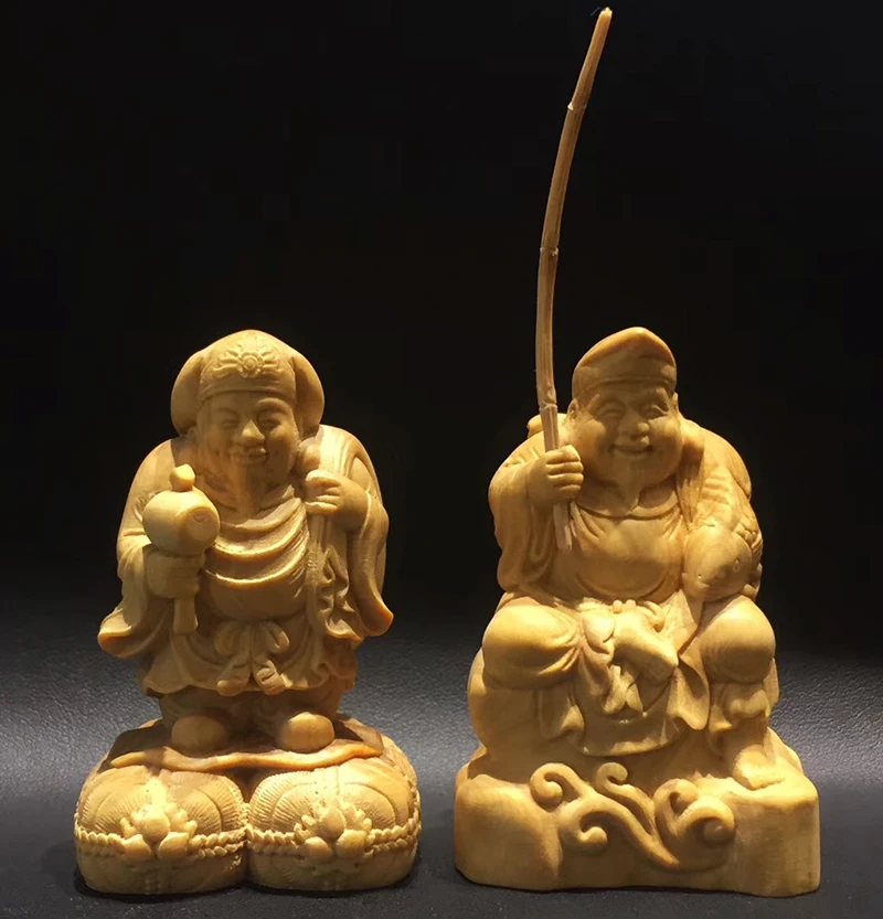 Q4292 - 6 High Hand Carved Boxwood Figurine Carving: Daikokuten & Ebisu