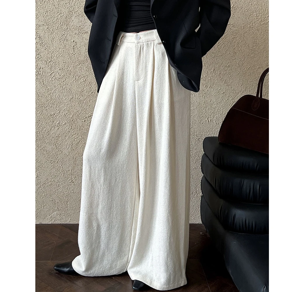 2024  Women Autumn Wide Leg Straight Pants 50% Cotton High Waist Beige Color Pants Fashion Clothes Thick Pants Female Trousers