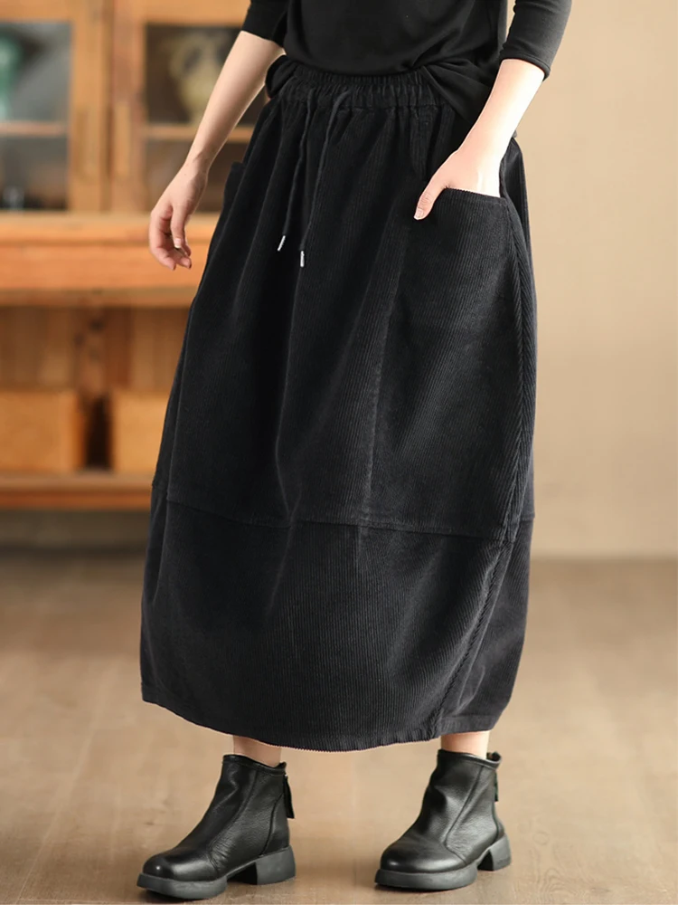 Amax luluE British Fashion Clothes Womens Winter Loose Corduroy Skirts Ladies Leisure Classic Elegant Elastic Waist Streetwear