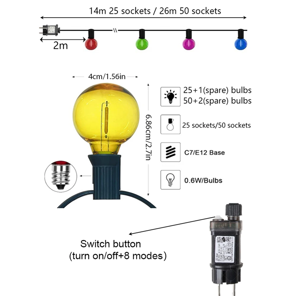26M Festoon G40 LED Globe Multicolor String Fairy Lights Outdoor Christmas Party Garden Garland Street Patio Backyard Decor Lamp