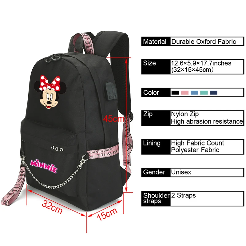 Disney Minnie Mouse Backpack Back To School Kawaii Backpack Bag Lunch Bag Pencil Case for Boy Girl Women Travel Bag Mochila