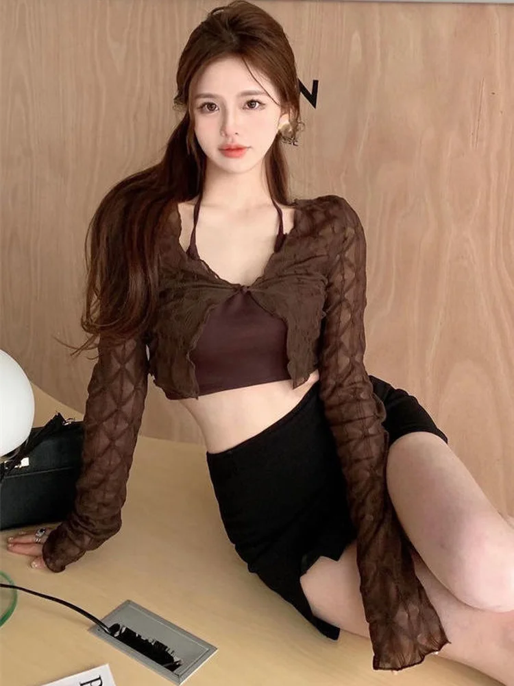 Casual Two Pieces Set Women Vintage Fashion Halter Tank Top + Thin Hollow Lace Cardigan 2024 Summer Y2k Sun Protection Cloth