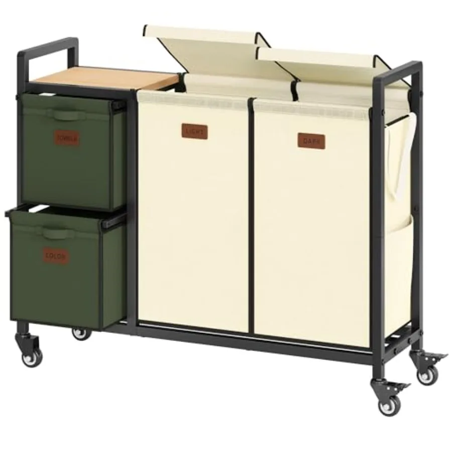 

4-Section Rolling Laundry Cart 48 Gal 182L with Lid Wheels Shelf Removable Bags Beige + Green for Home Dorm Laundry Room Organi