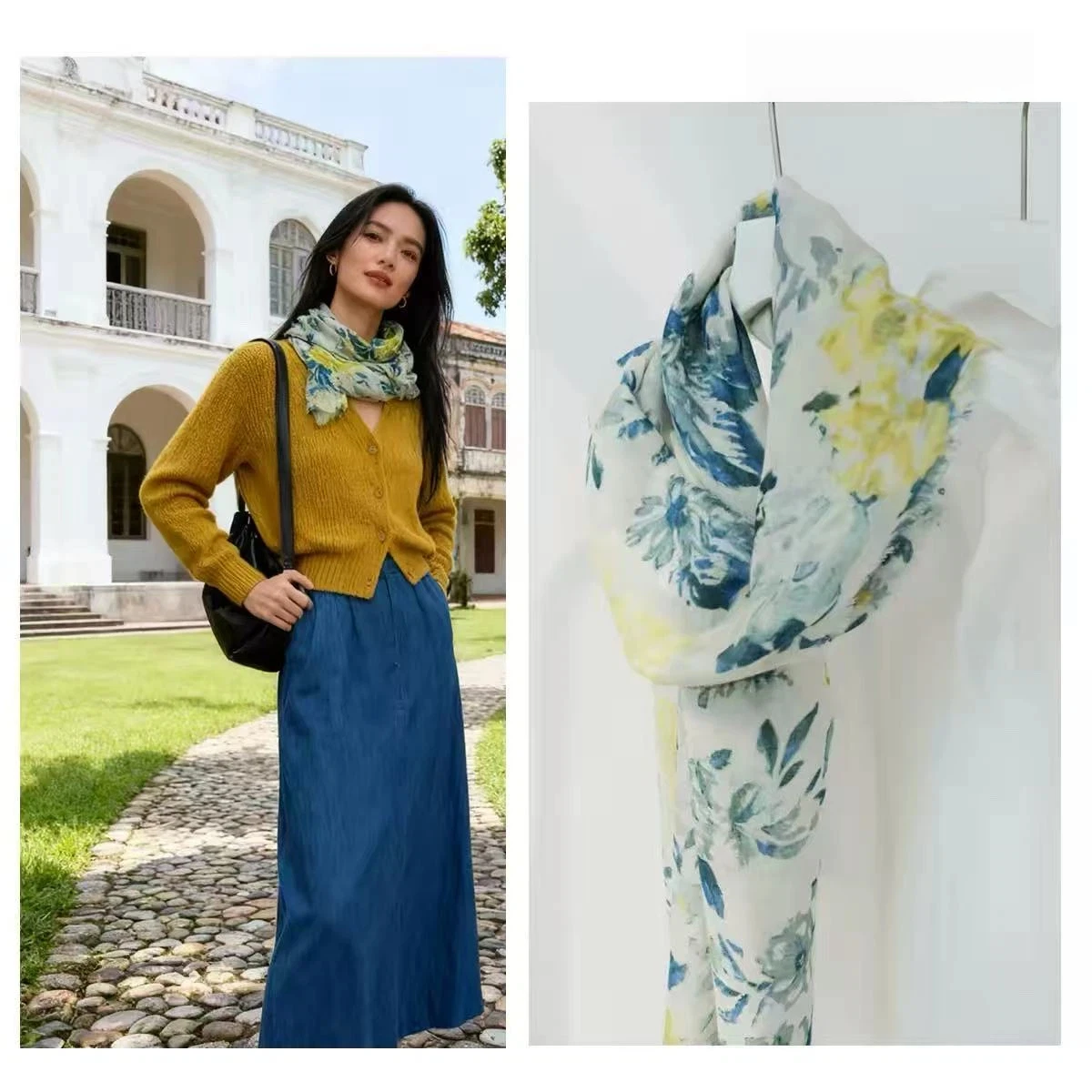 

30% Linen 70% Modal Neck Scarves Women Spring Summer Accessories Elegant Soft Blue Floral Scarf Women's Headscarf