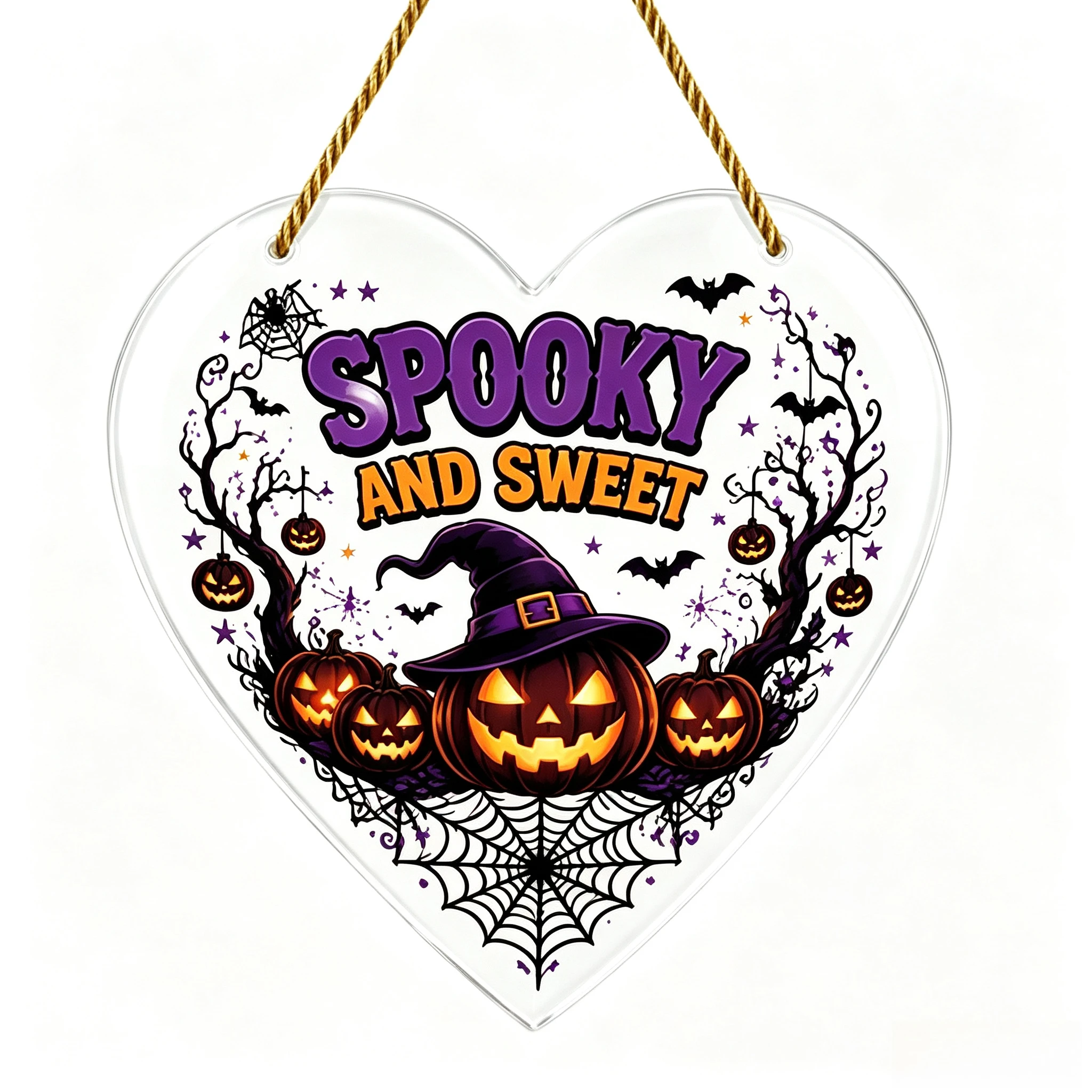 Witch Hat Jack‑O‑Lantern Acrylic Heart Ornament, Spooky Halloween Porch Hanging Decoration