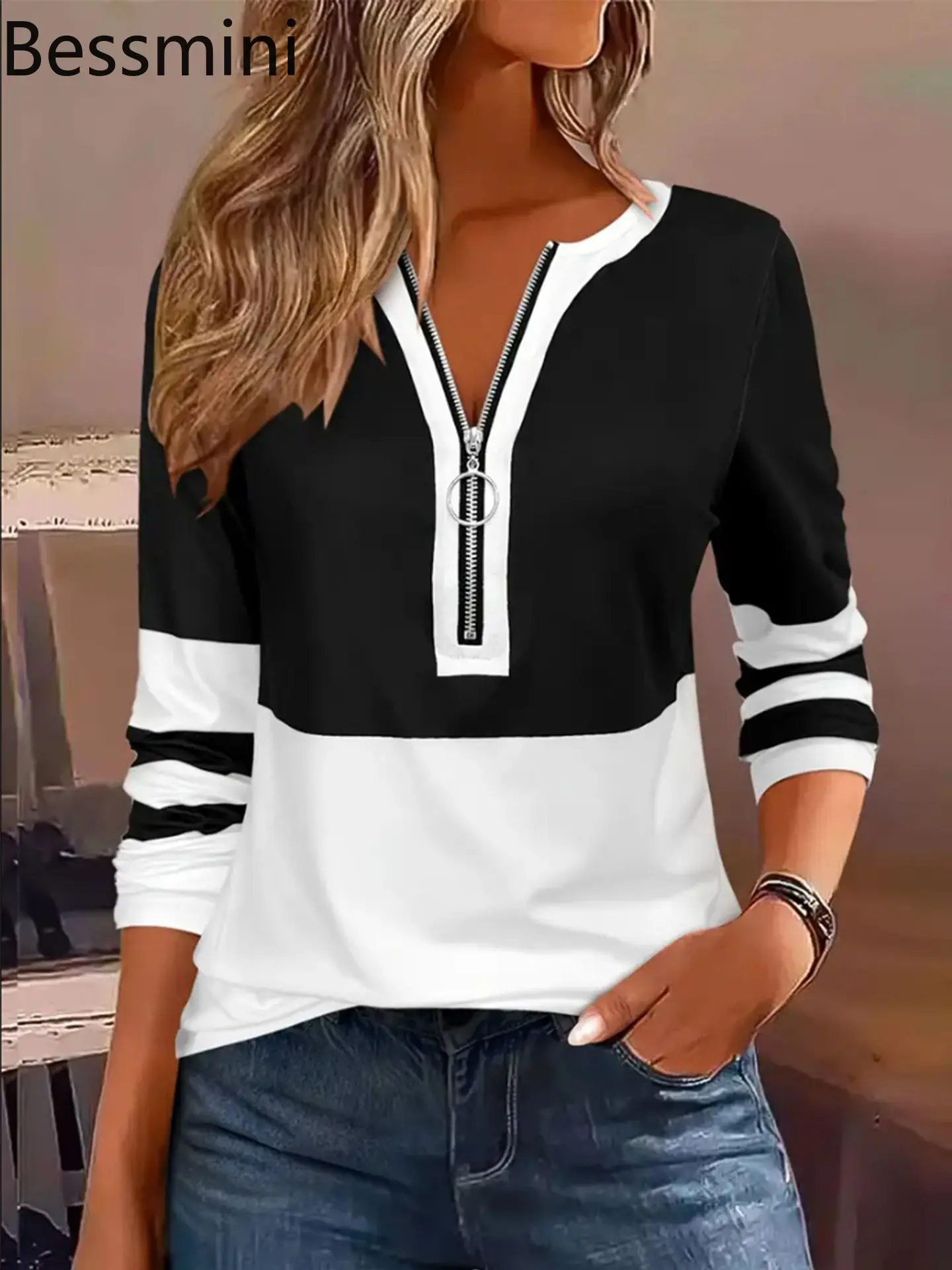 

2025 Women Vintage Style O Neck Shirts Tops Zipper Contrasting Women Long-Sleeved T-Shirt Fashion Casual Loose Street Clothing