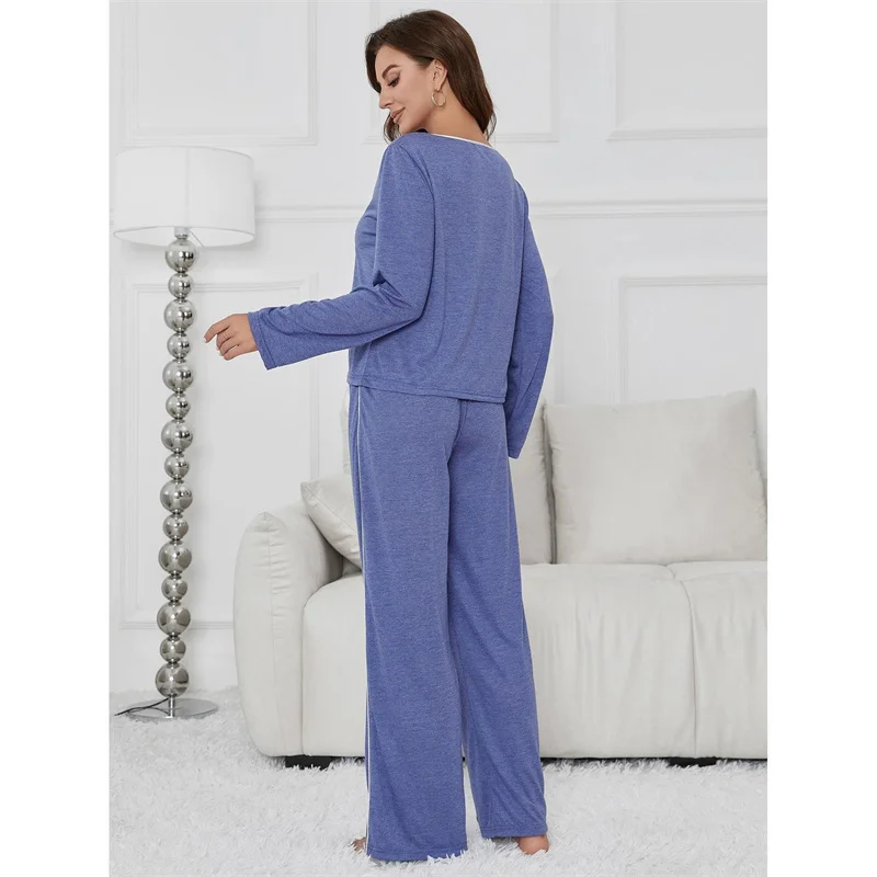 Cotton Pajamas Women's Spring Autumn Sleepwear Suit Solid Color Long Sleeved Pants Home Set New Pijama Mujer Female Nightwear