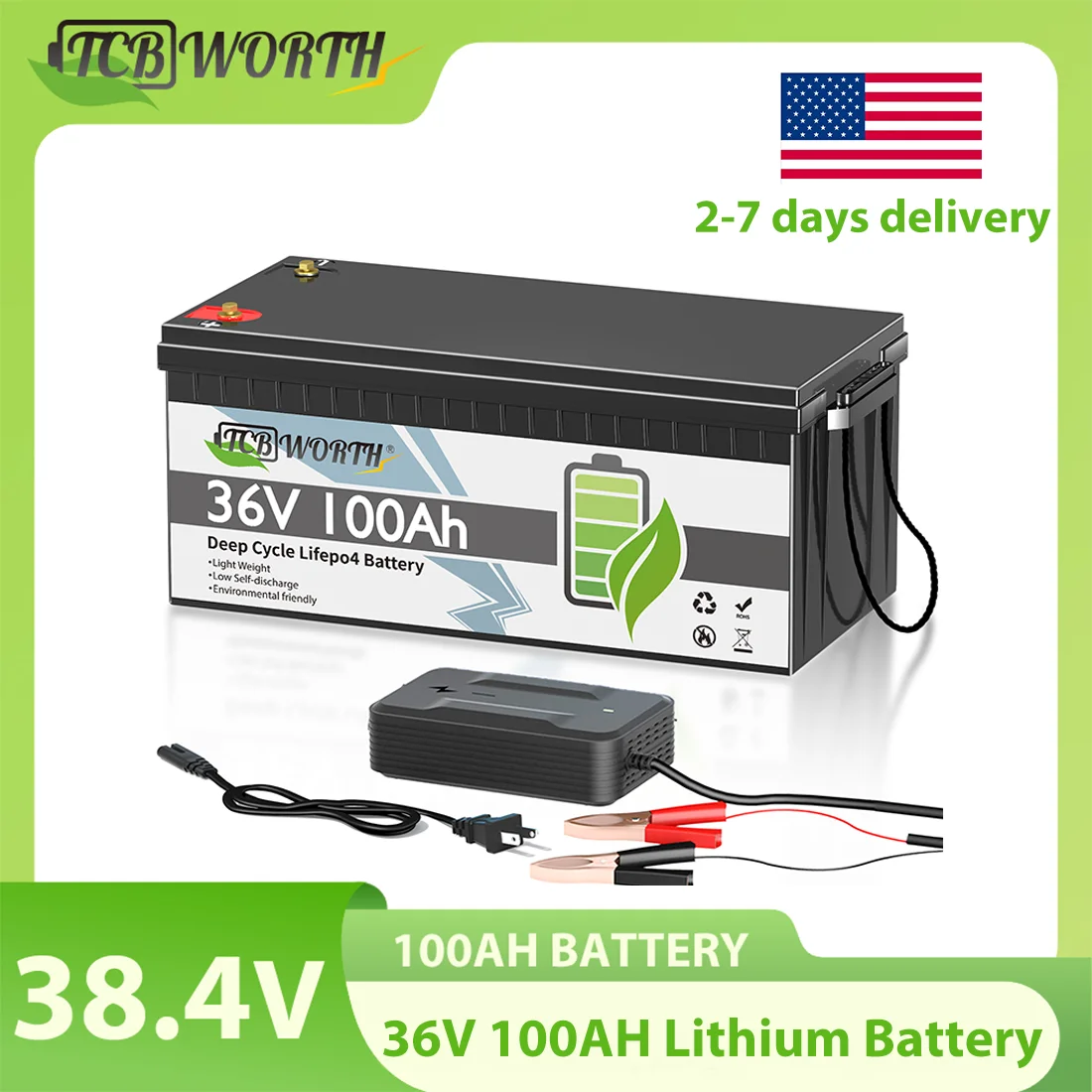 

TCBWORTH 36V 100Ah LiFePO4 Lithium Golf Cart Battery,Built-in 100A BMS,Low Temperature Cut-Off,for Camper,Solar Energy Storage