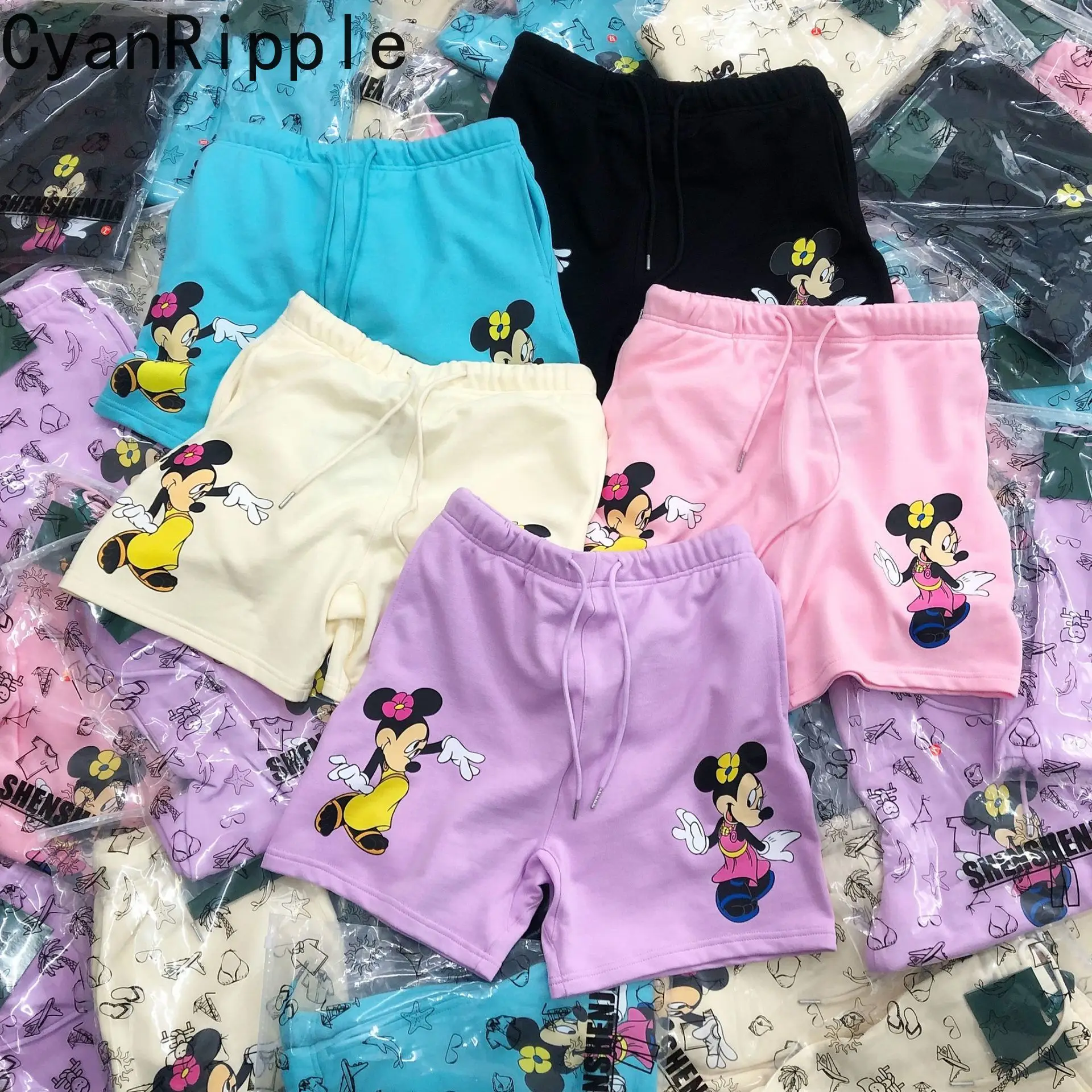 

Корейские универсальные женские спортивные шорты на весну-лето, прямые, с милым принтом Микки, на эластичной резинке, повседневные, для студентов
