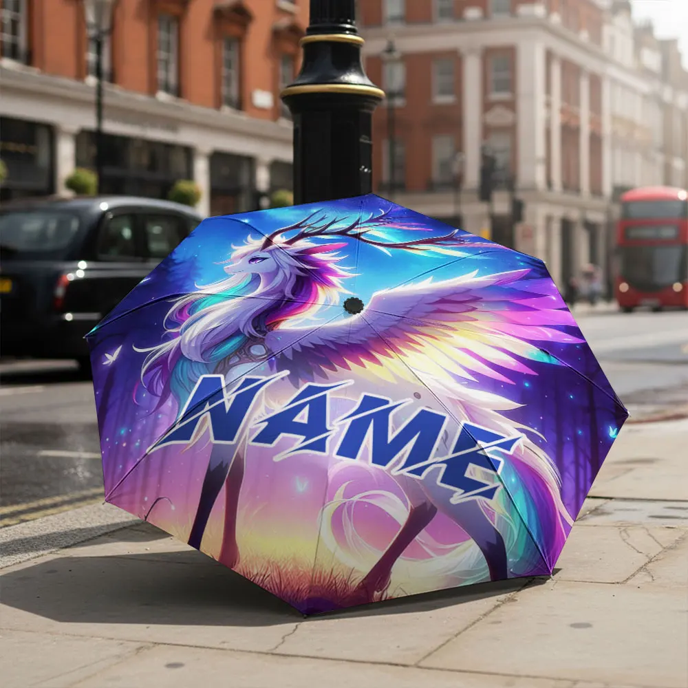 Custom Name umbrella, Enchanted Deer with Colorful Wings Fashion Folding Umbrella for Sunny and Rainy Days, Christmas Gift