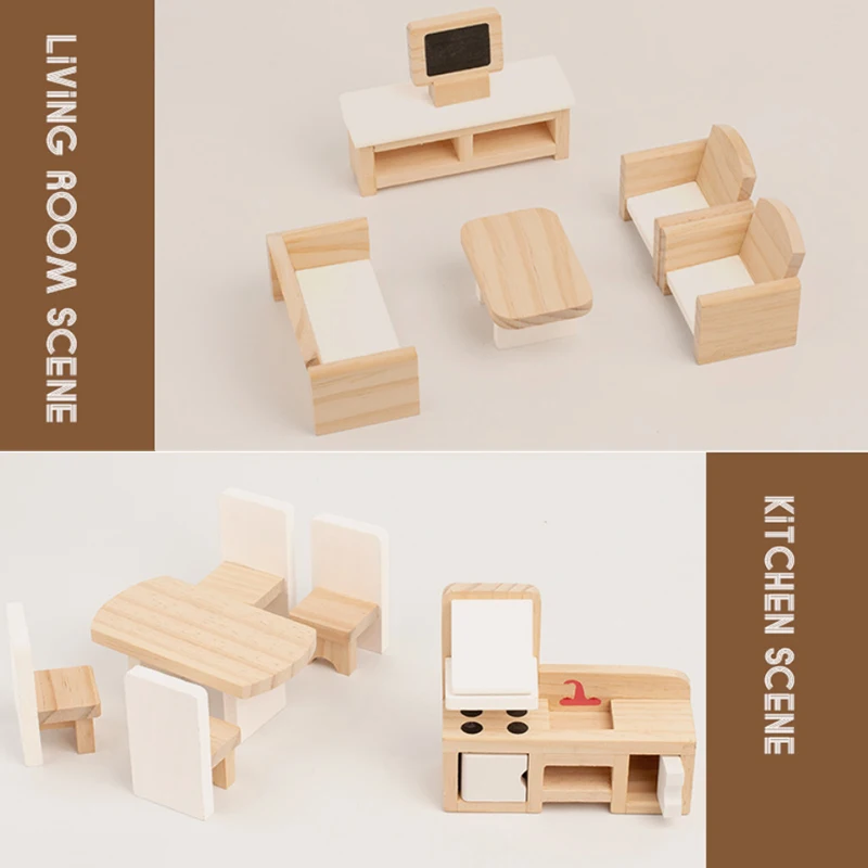 Wooden Miniature Furniture Model House Accessories, Living Room, Kitchen, Bath, Bedroom Scene Decorations, for Pretend Play, Dol