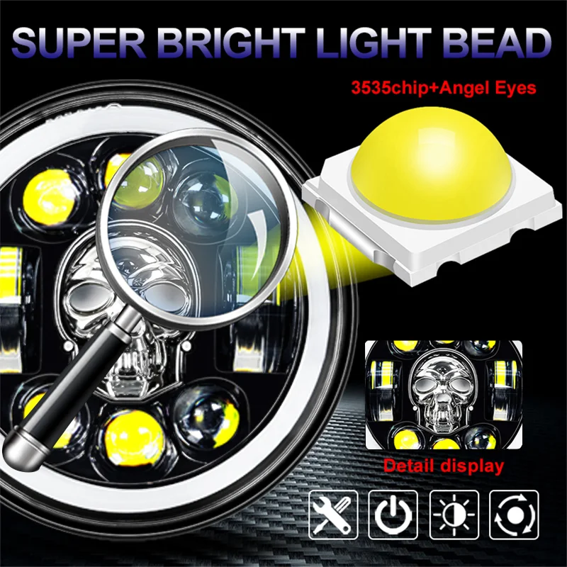 7-inch / 5.75 Inch LED Headlight RGP Skull for Car Yamaha Harley Road King Jeep Wrangler Jk Cafe Racer Motorcycle LED Headlight