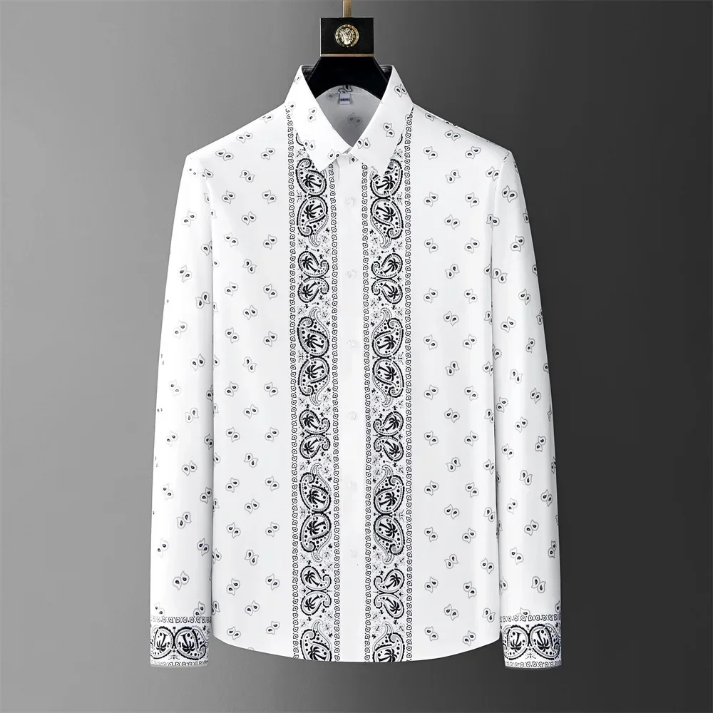 Brand Luxury Printed Shirt Men Retro Long Sleeved Casual Shirts Slim Business Social Party Dress Shirts Streetwear Men Clothing