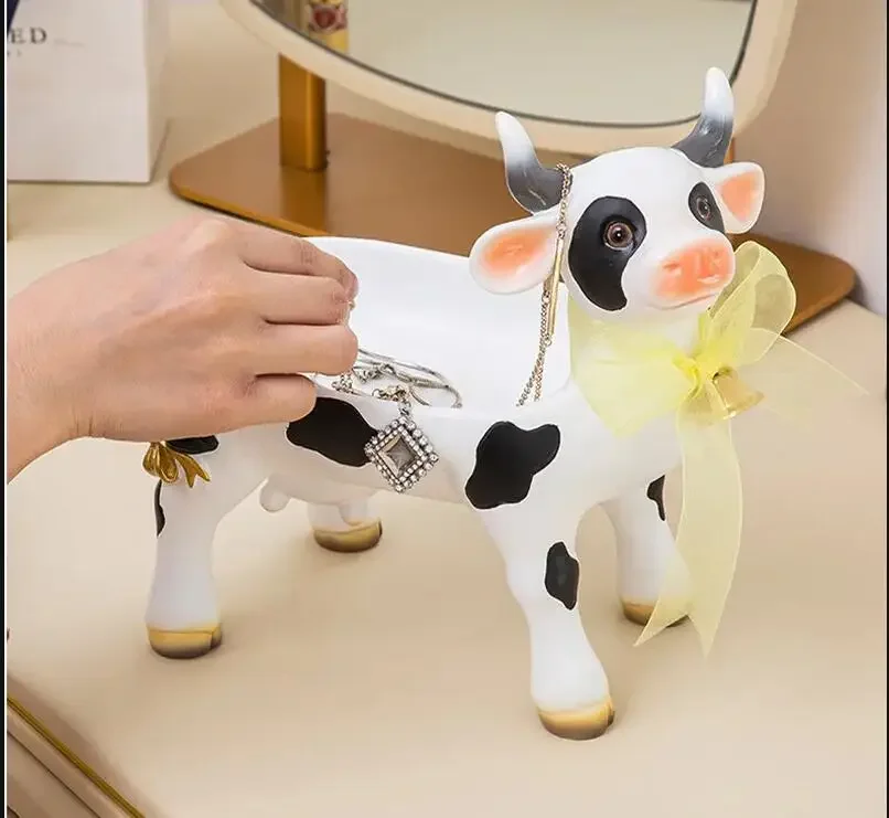 Resin Cow Storage Ornaments Animal Decoration Crafts Statue Tray Jewelry Box Home Accessories Figurines