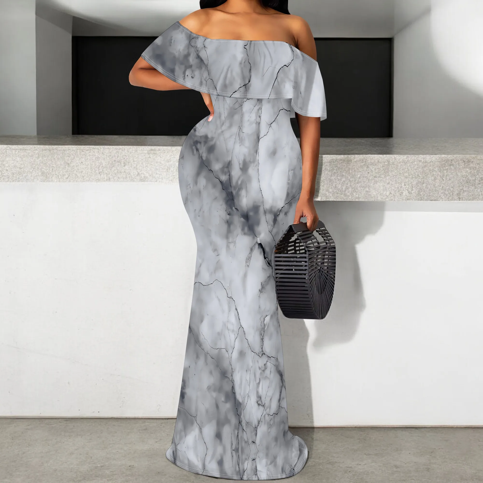 

Black White Marble Print Off Shoulder Maxi Dress for Women 2025 Elegant Mermaid Ruffle Gown S-3XL