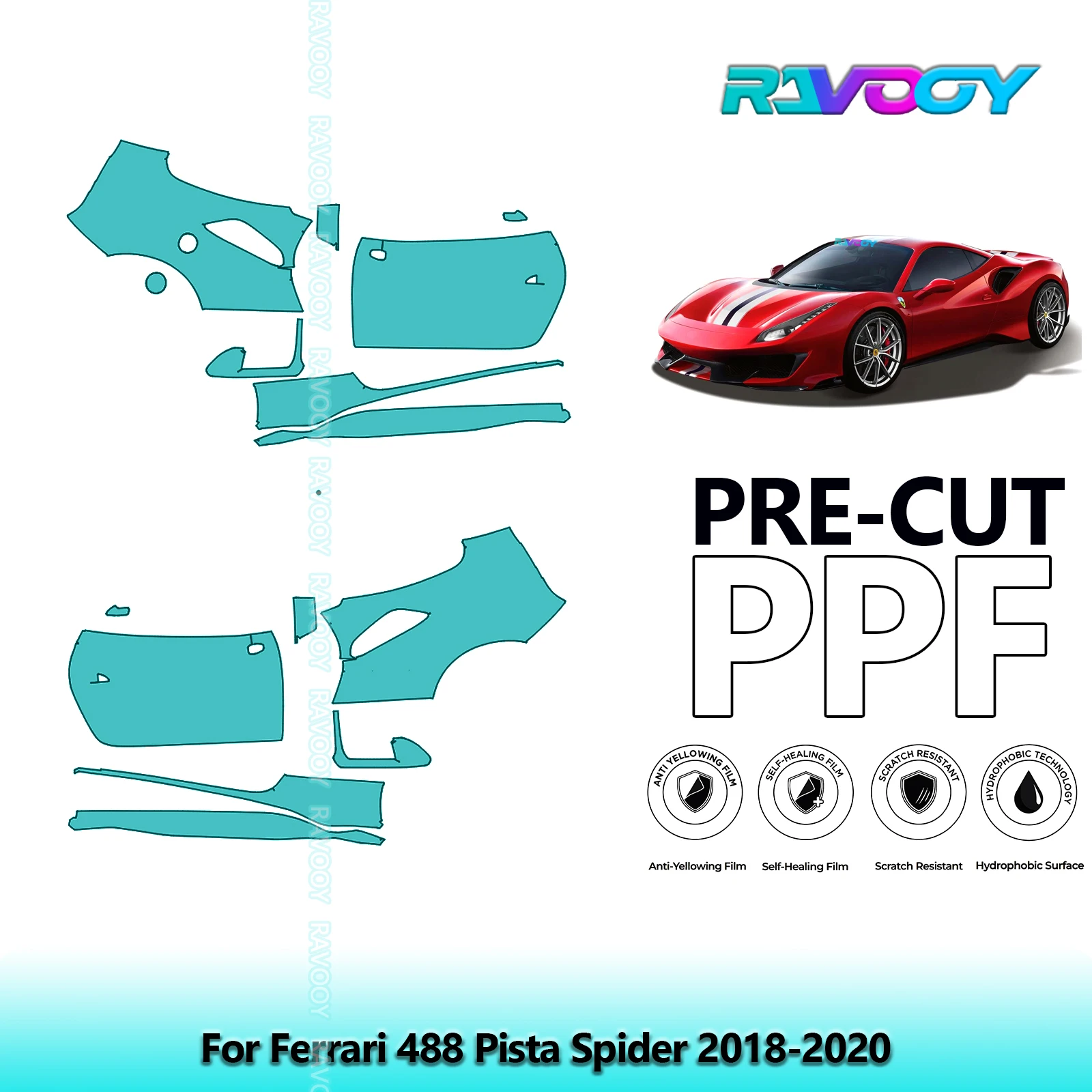 

For Ferrari 488 Pista Spider 2018-2020 8.5mil Clear Matte Pre-Cut PPF Door & A/B Pillar Kit TPU Paint Protection Film Set