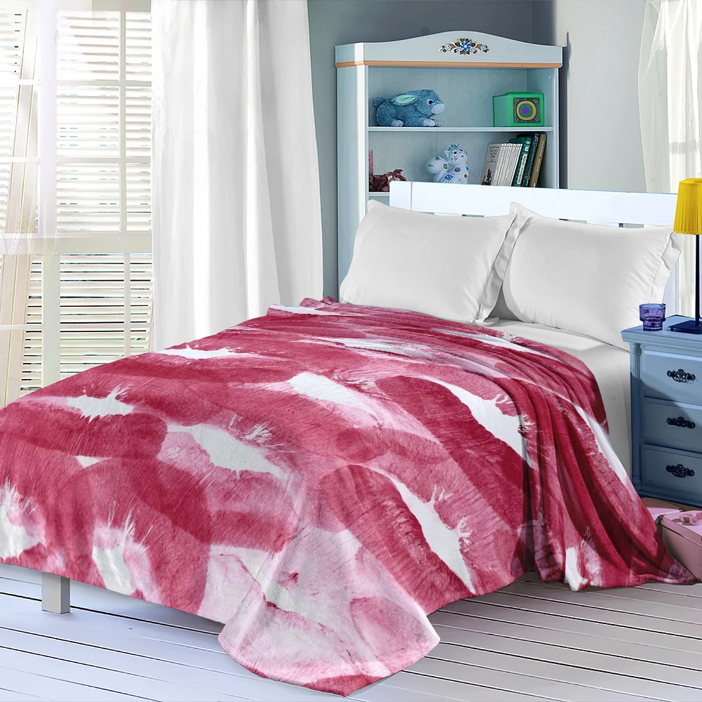 Pink Red Lipstick Kisses Flannel Blanket Perfect For Sofa Office Bed Travel Sleep Read Relax Camping Four Season Use