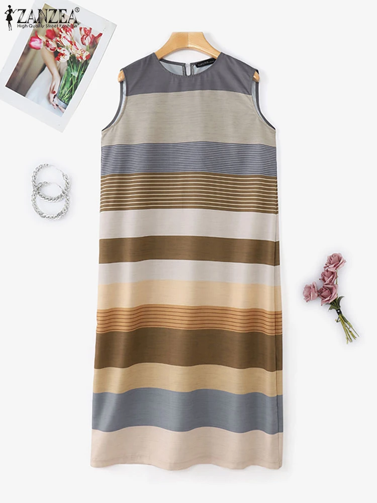 2025 Summer Stripe Dress ZANZEA Fashion Women Sleeveless Holiday Sundress Maxi Robe Elegant Work Dresses Casual Beach Vestidos