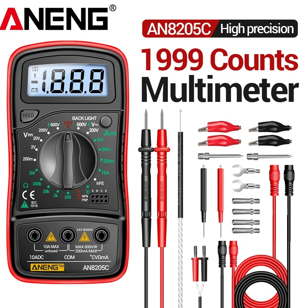 

Intelligent Digital Multimeter ANENG AN8205C 1999 Counts AC/DC Voltage Meter Ohm HFE Triode Temperature Backlit Screen Test Tool
