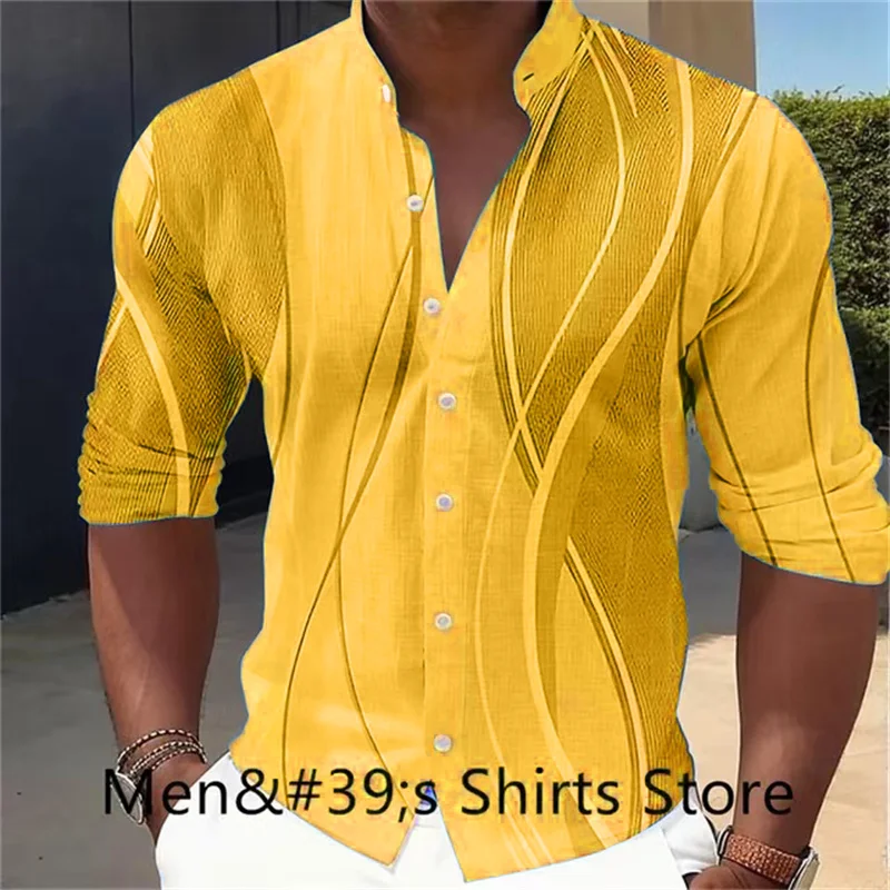 Men\'s shirt gradient print geometric stand collar red yellow blue green outdoor street long sleeve shirt fashion casual