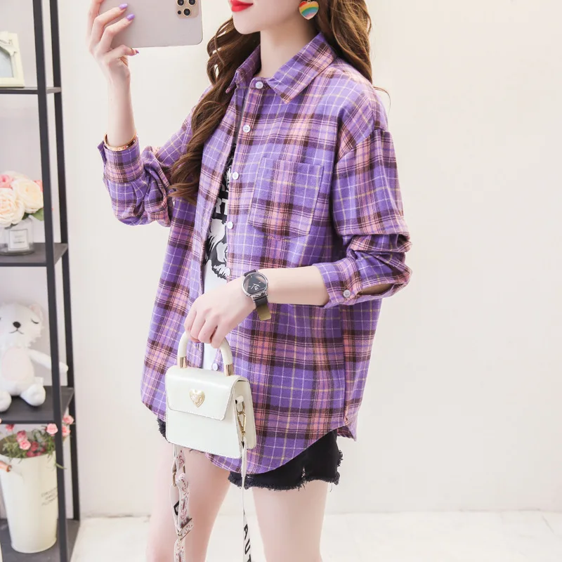 2024 New Loose Design Cotton Plaid Shirt Women Young Style Long Sleeve Blouses Casual Shirts Lady Tops Clothes Blusas