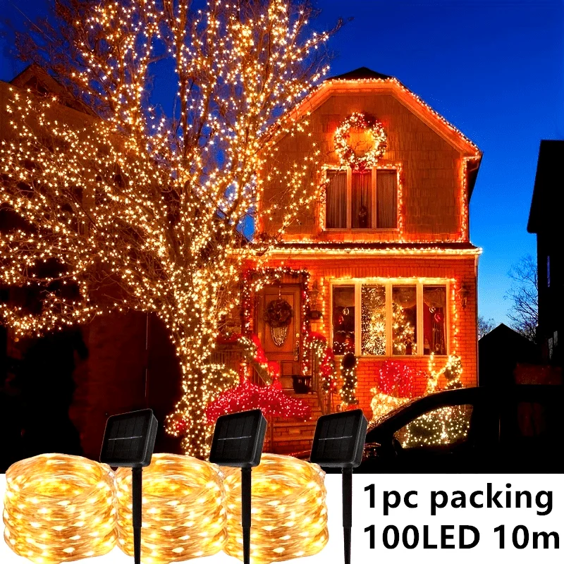 

1Pack Solar Powered Copper Wire String Lights Outdoor 8 Modes Fairy Lights For Garden Party, Yard, Christmas 100LEDs