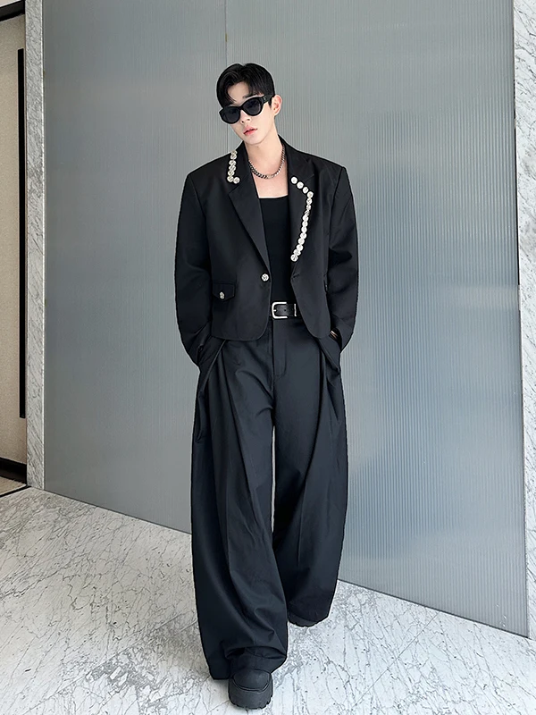 Luxury Handmade Silver Button ort Suit Set for Men Trendy Versatile Two Piece Set Casual Loose Fit Long Sve Striped Pattern