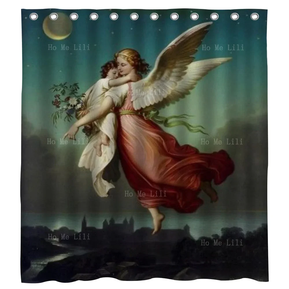 An Angel Girl Carrying A Small Child Takes Off Into The Night Sky Shower Curtain By Ho Me Lili For Bathroom Decor