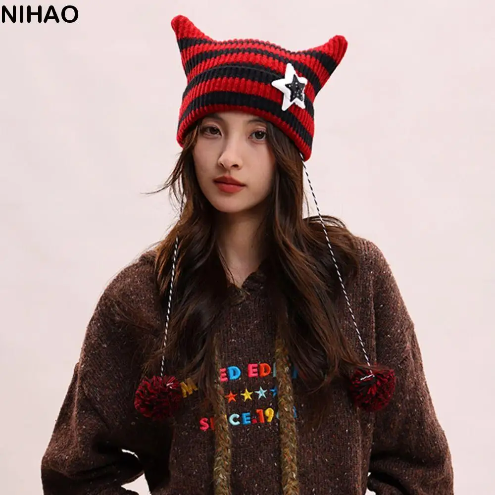 لطيف Harajuku آذان القط محبوك قبعة Y2K الهيب هوب مترهل محبوك بيني ستار سميكة قبعة صوفية الدراجات #1