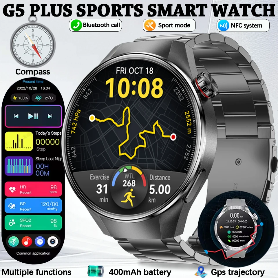 

Новинка для HUAWEI Watch G5 Plus, спортивные умные часы для мужчин, GPS трек, компас, высотомер, водонепроницаемые, Bluetooth-вызов, NFC, умные часы 2025