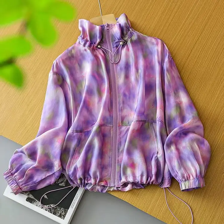 100% Mulberry Silk Thin Type Women Coat Purple Printed Zippers-up Long Sleeve Casual Top Jacket Blouse ZZ003