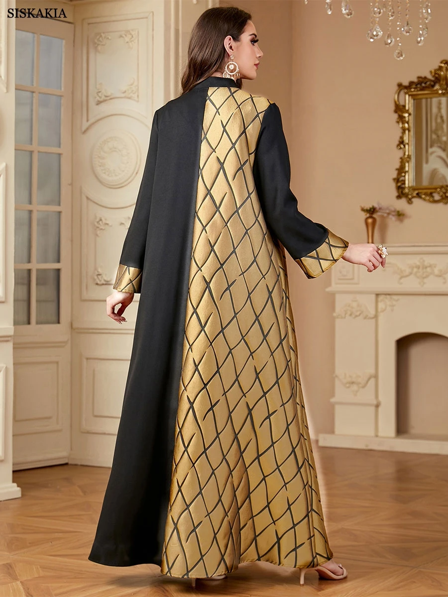 Siskakia Ramadan-Dubai Cekiny Panel Haft Długie Sukienki Dla Muzułmanek Patchwork Rękaw Kebaya V-Neck Abayas