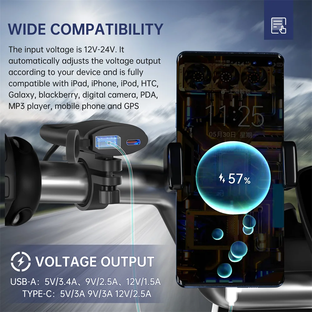 Ultra cienki motocykl ładowarka samochodowa wodoodporny szybki ładowanie PD + USB motocykl QC3.0