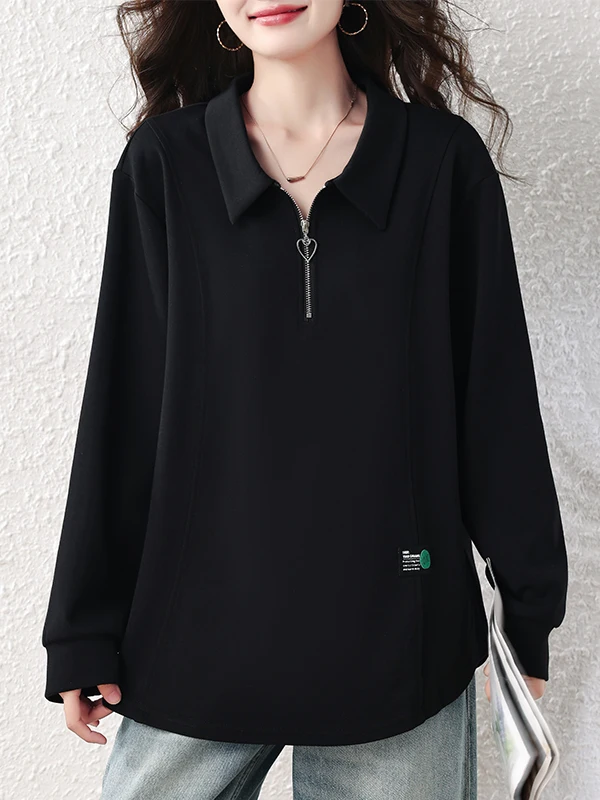 Authentic Autumn Fashion Long Sleeve Turn-down Collar Half Zipper Belly Cover Casual Versatile Women's Top Linen Material Pol...