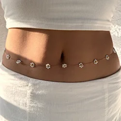 Punk Round White Flower Stainless Steel Waist Chain Trend Bohomia Rhinestone Belly Chain Women's Sexy Beach Bikini Body Jewelry