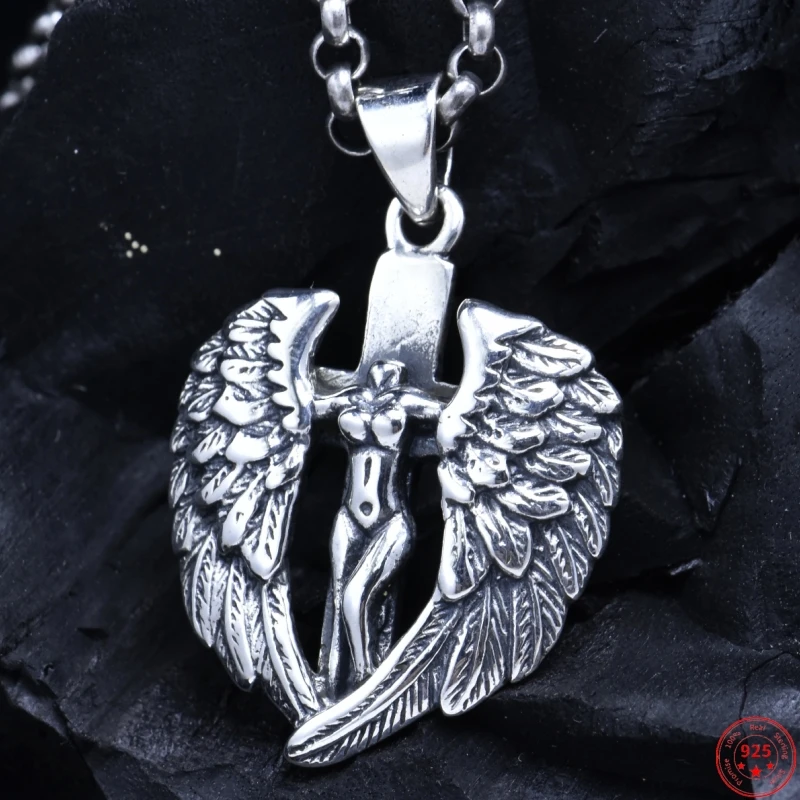 S925 Sterling Silver Pendants for Men Women New Fashion Pray Wings Angel Cross Pure Argentum Amulet Punk Jewelry Free Shipping