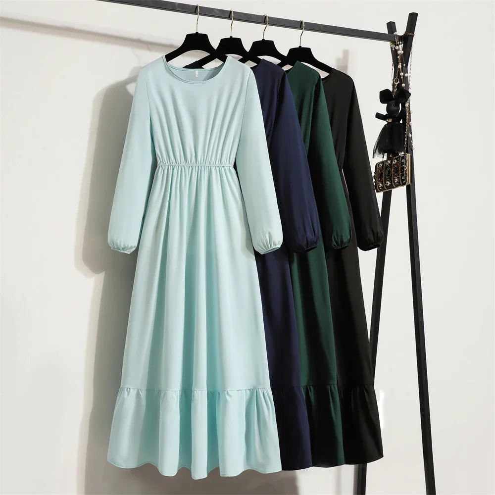 Spring Autumn Fashion Female Vestidos Solid Full Sleeve A-line O-neck Casual Chiffon Dress Women Muslim Long Dress Maxi Dresses