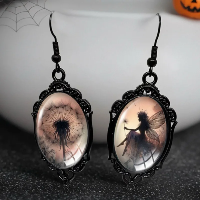 Vintage Hand Carved Geometry Fairy Dandelion Dangle Women's Earrings Black Color Metal Daily Wear Party Jewelry