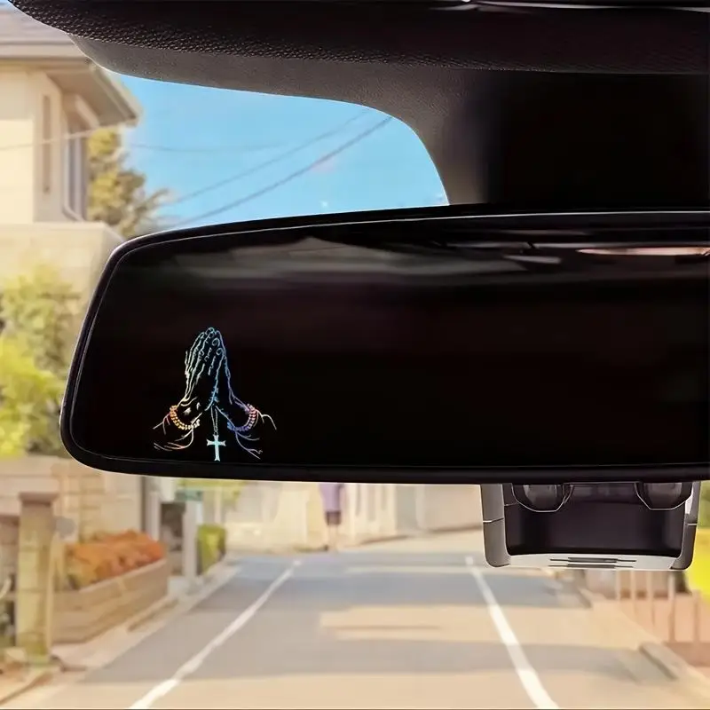 Praying Hands Cross Car Rearview Mirror Sticker With Waterproof Design And Easy Apply Perfect For Car Interior Decoration