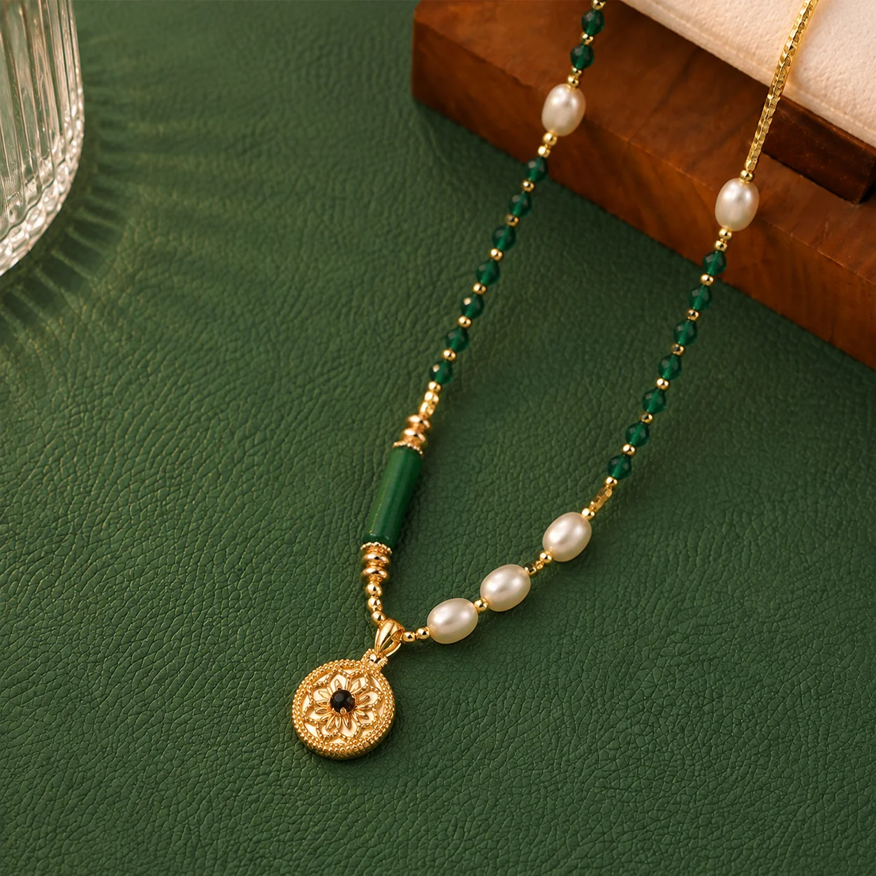 Women Hand‑Beaded Necklace Green Natural Stone Freshwater Pearl Hollow Carved Gold Round Pendant Retro Daily Stackable Jewelry