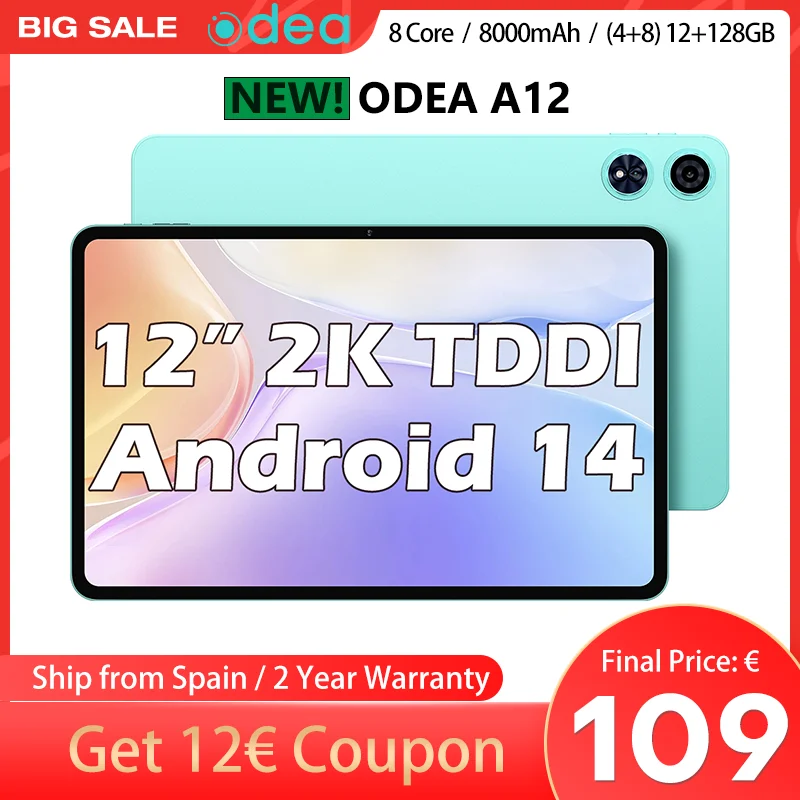 ODEA A12 tablet, Android 14 OS, (4GB + 8GB)12GB RAM, 128GB ROM, 12 inch 2K TDDI, 2000x1200, UNISOC T606, 8 core Mali-G57 8000mah 13MP + 8MP support TF up to 1TB type C Widevine DRM L1 for Netflix