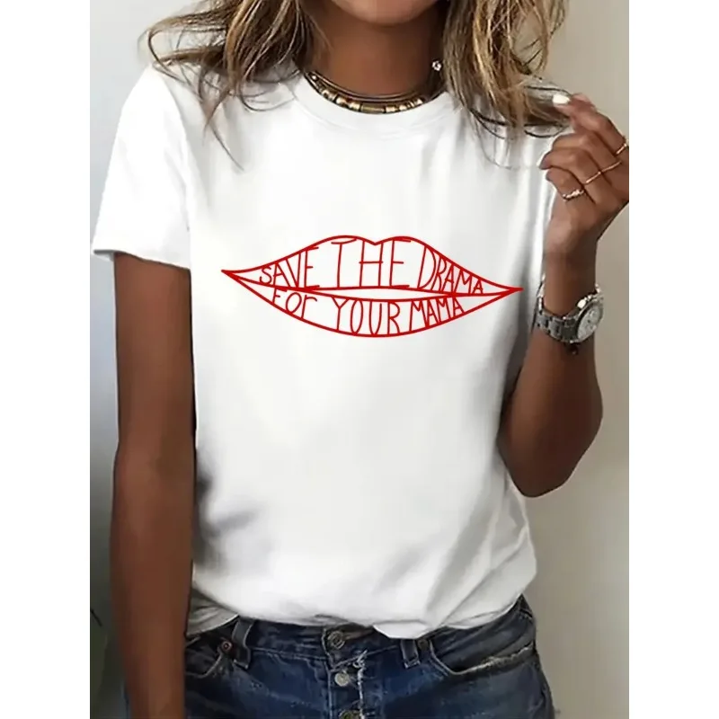 T-shirt stampata con motivo Drammatico di Prenota per la mamma Top bianco casual a maniche corte girocollo Top lavabile in lavatrice con design a labbra rosse