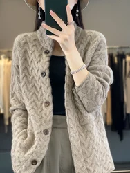 New 100% Merino Wool Women Cardigan Autumn Winter Solid Color Sweater Twist Flower Soft Cashmere Turn down collar Knitted Top