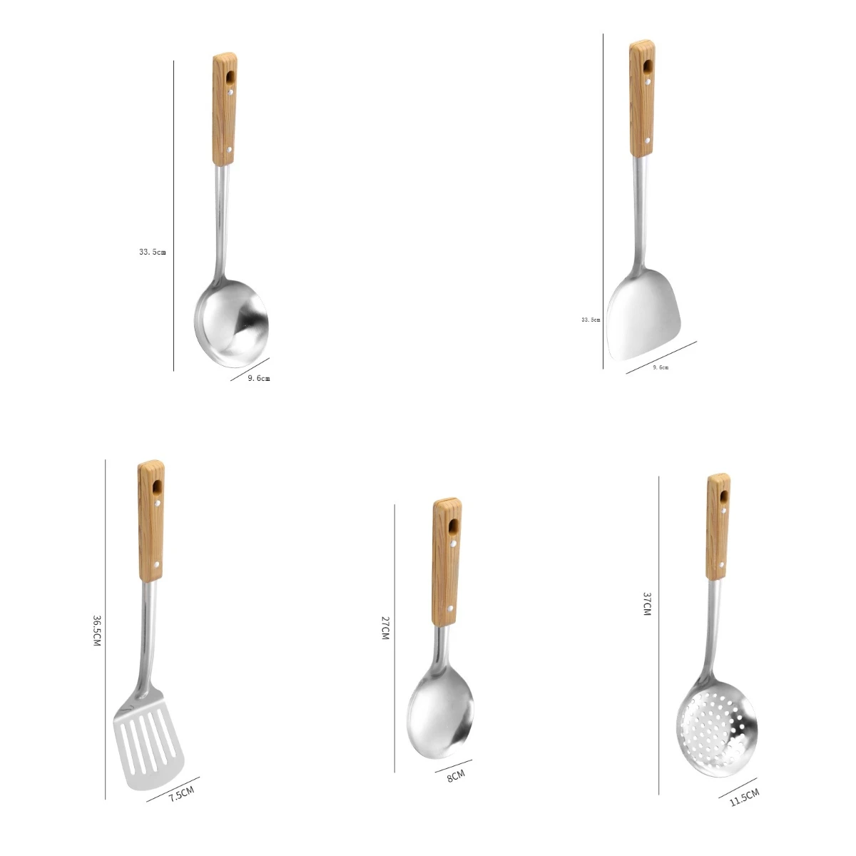 طقم أدوات مطبخ من الفولاذ المقاوم للصدأ طقم مكون من خمس قطع - طقم طهي مع ملعقة - أدوات طبخ متينة بمقبض خشبي غير قابل للانزلاق #6