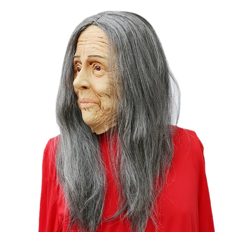 Scary Old Woman Mask Latex with Hair Halloween Fancy Dress Grimace Party Costume Cosplay Masks Props Adult One Size