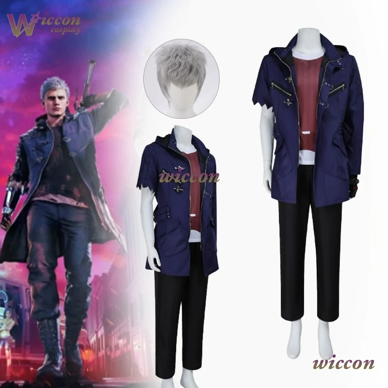 CosR juego Nero Cosplay Devil May Cry 5 Cos disfraz blanco gris traje con peluca Comic-Con traje de fiesta de Halloween hombres abrigo guantes