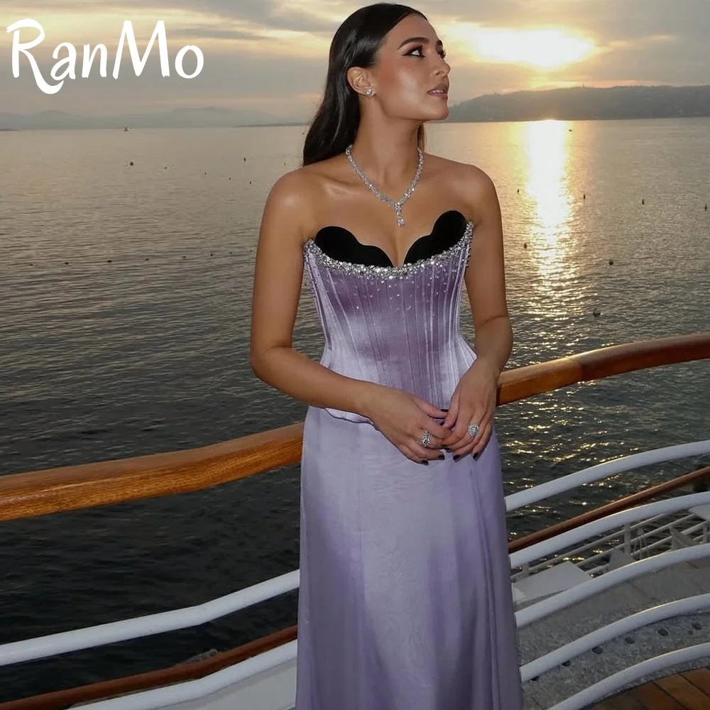 

Ranmo Изысканное фиолетовое атласное вечернее платье по индивидуальному заказу, элегантное вечернее платье без бретелек без рукавов, прямое платье высокого качества 2025