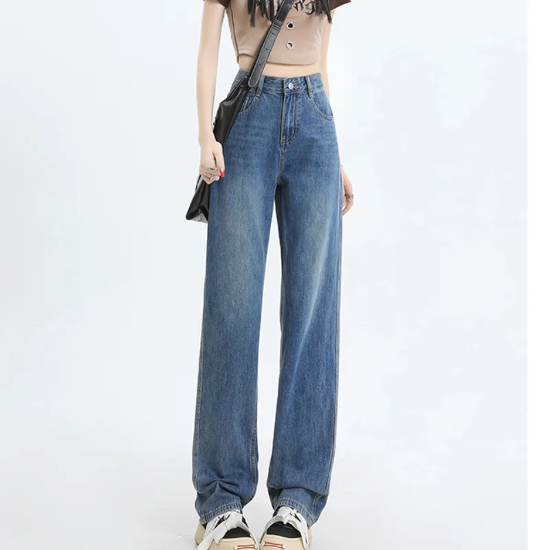 

Dark Blue Womens Jeans High Waist Vintage Straight Baggy Denim Pants Streetwear American Style Fashion Wide Leg Denim Trouser