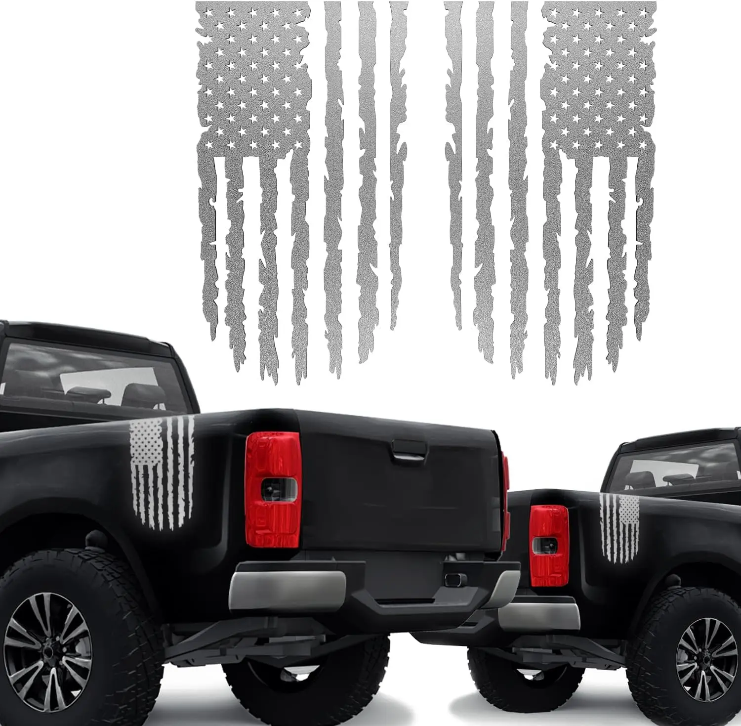 

Distressed American Flag Vinyl Decal 2 Pack for Trucks, Cars, Windows - Reflective Silver Sticker USA