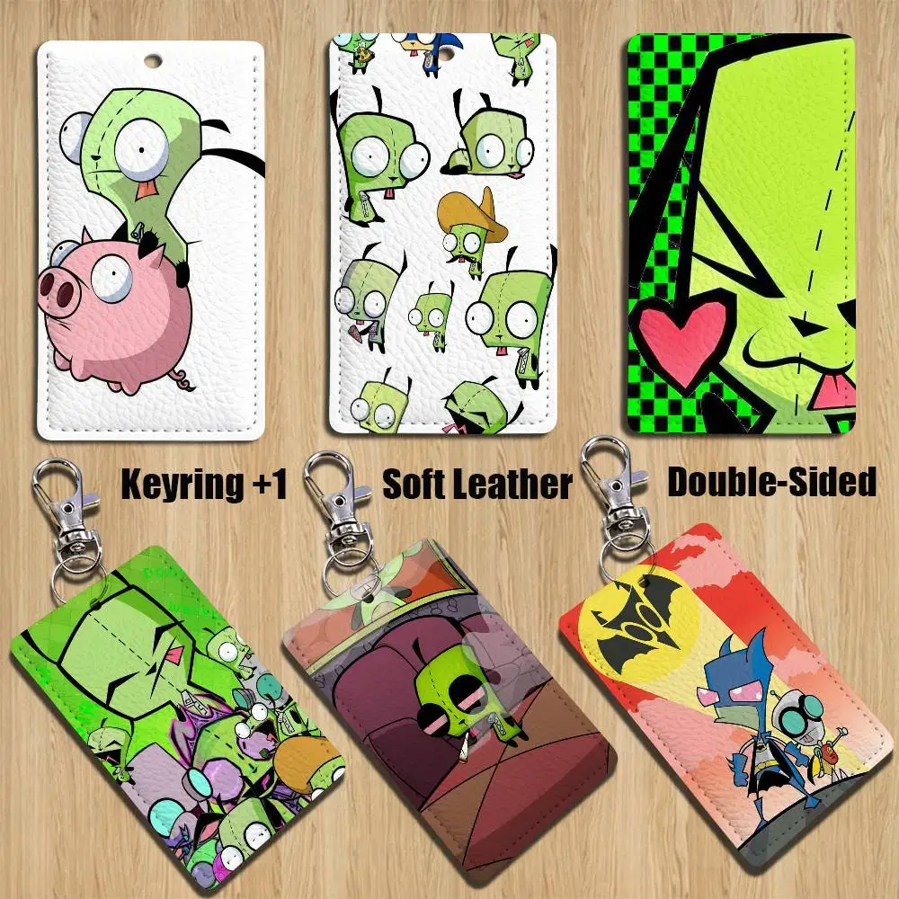 

cool Invader Zim Gir I love Rectangle ID Card Case Keychain Access Card Bag Key Tag Ring Leather Card Holder Key Ring Access